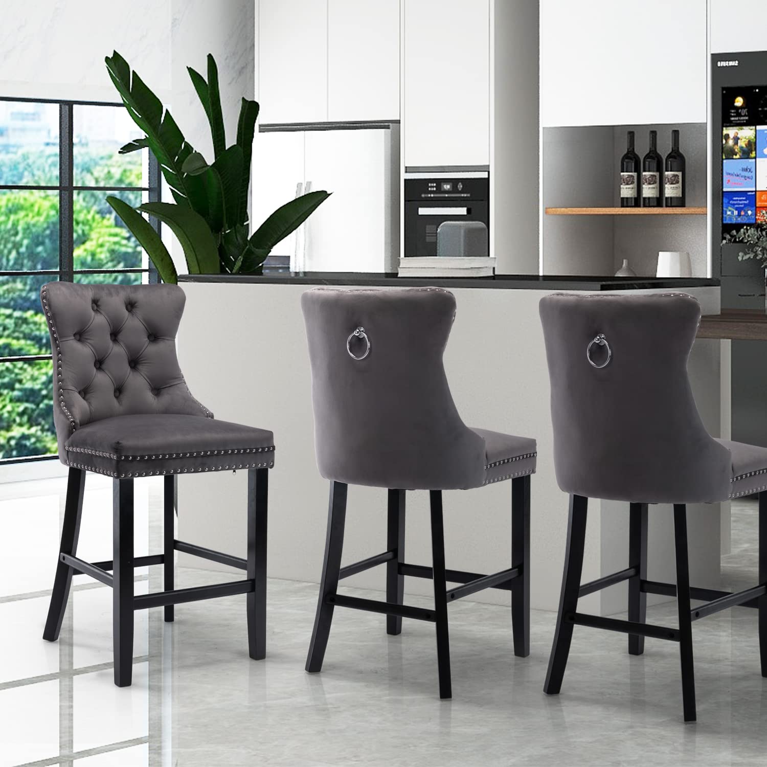 6X Velvet Bar Stools with Studs Trim Wooden Legs Tufted Dining Chairs Kitchen