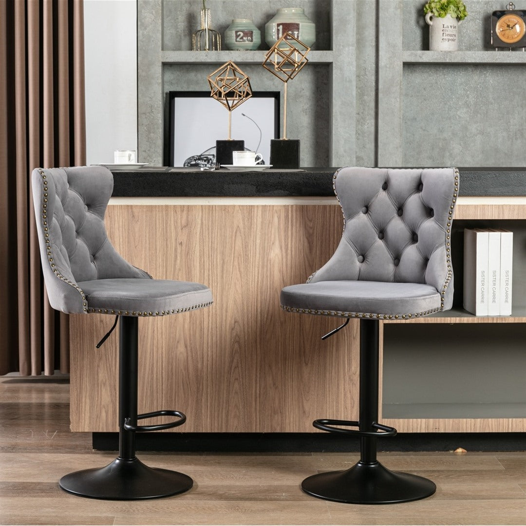 Adjustable Height Swivel Velvet Bar Stools Set of 2 with Footrest