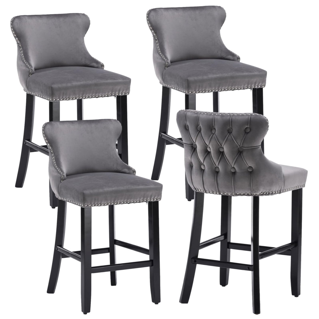 4x Velvet Button Tufted Bar Stools with Wood Legs, Footrest