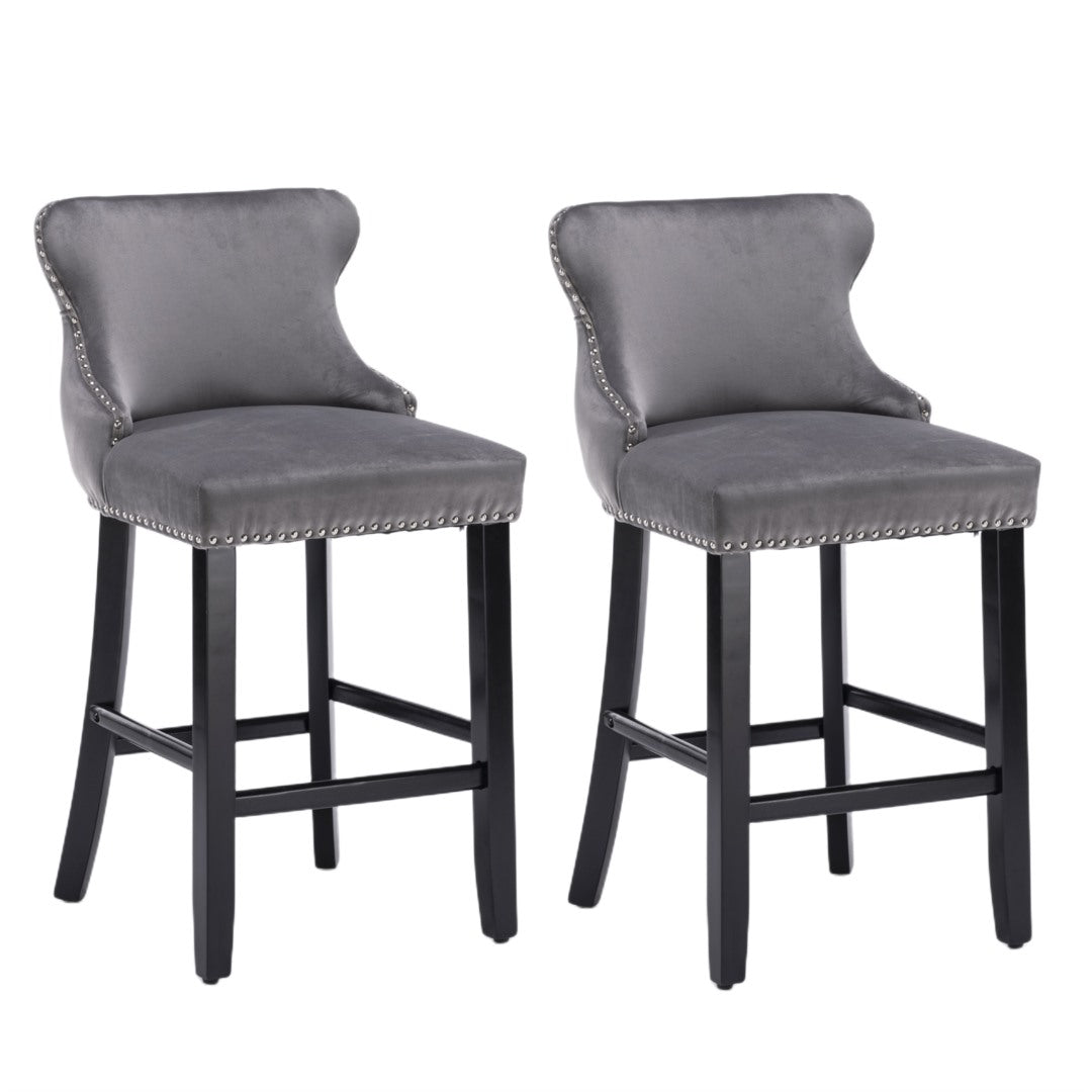 4x Velvet Button Tufted Bar Stools with Wood Legs, Footrest