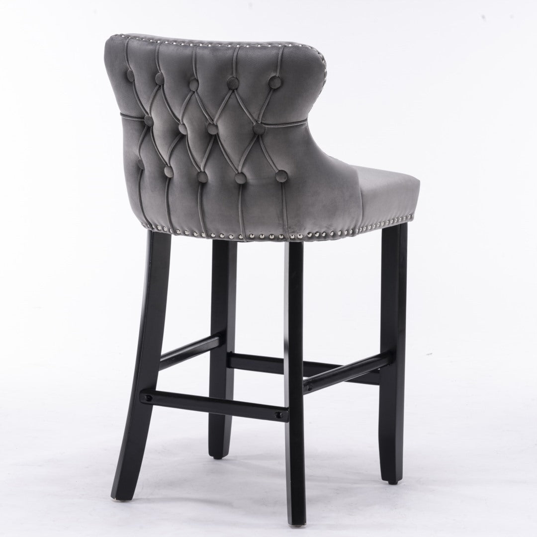 4x Velvet Button Tufted Bar Stools with Wood Legs, Footrest