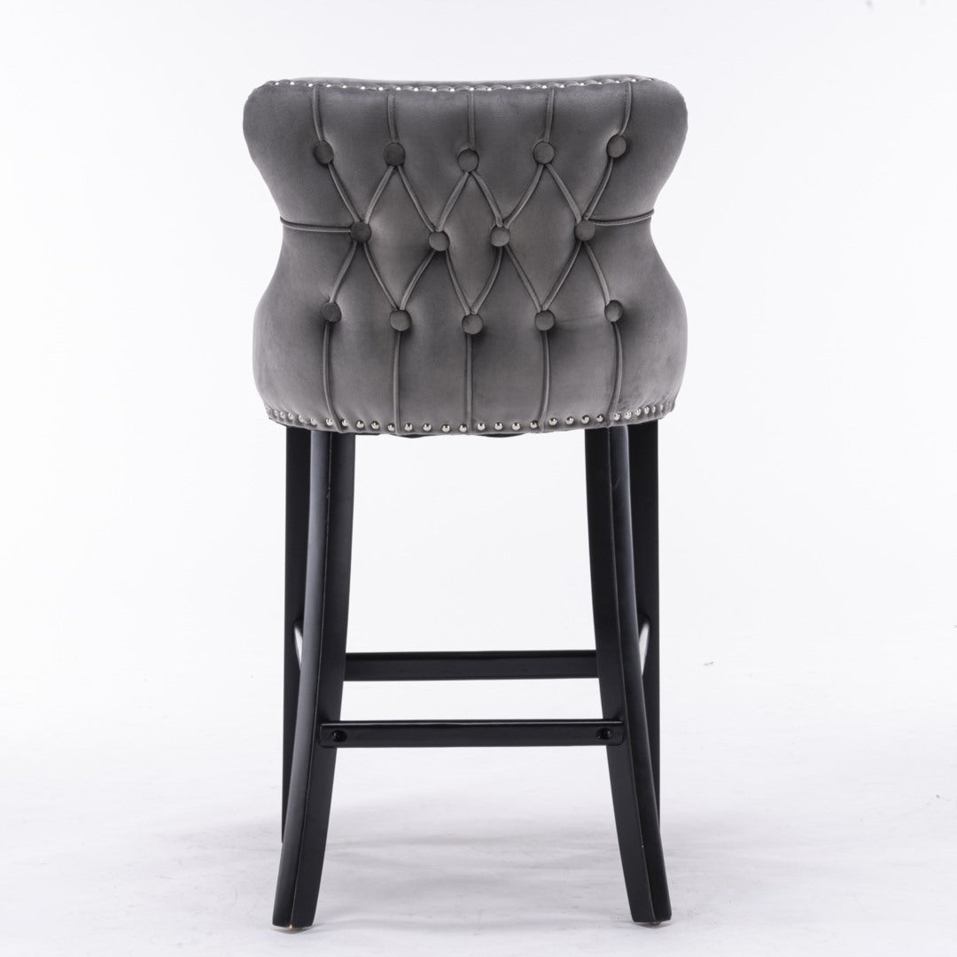 4x Velvet Button Tufted Bar Stools with Wood Legs, Footrest