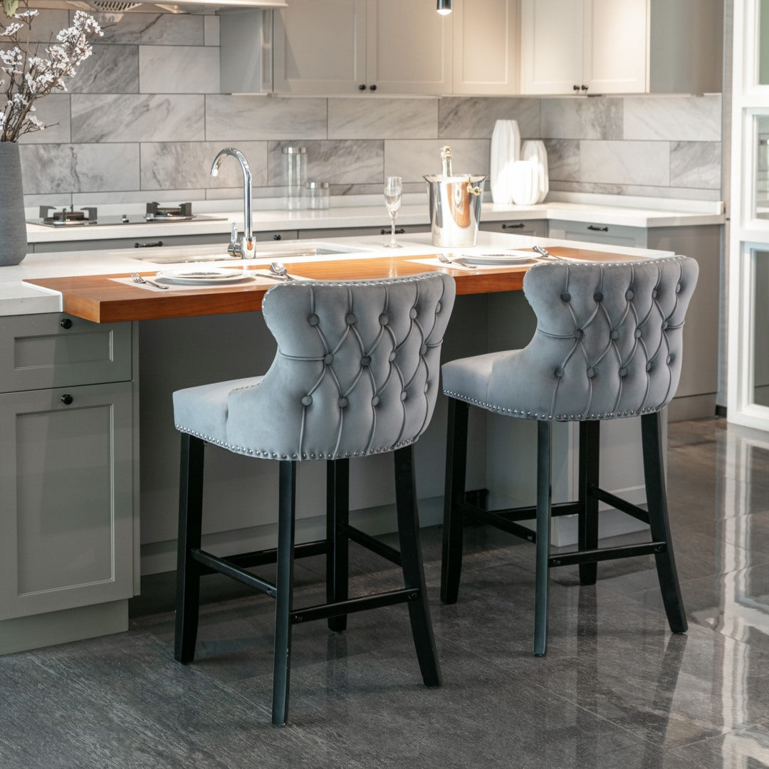 4x Velvet Button Tufted Bar Stools with Wood Legs, Footrest