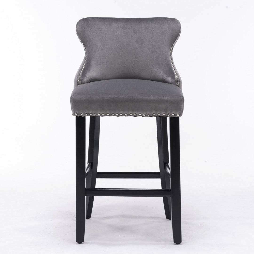 Velvet Gray Button Tufted Bar Stools with Wood Legs, Set of 2