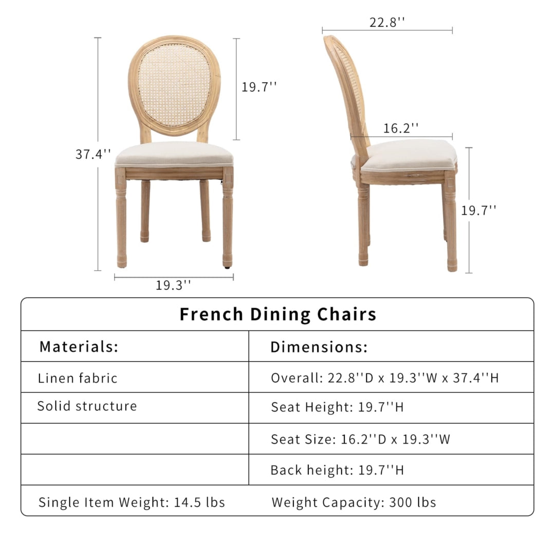 Chic Rattan & Linen Dining Chairs, Carved Wood Legs, Set of 2