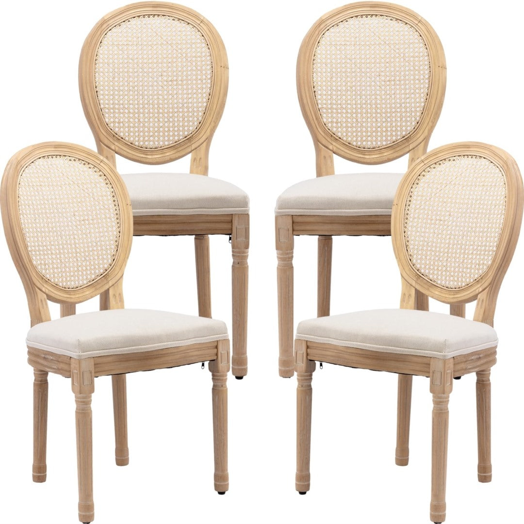 Chic 4x French Rattan Dining Chairs with Wood Legs