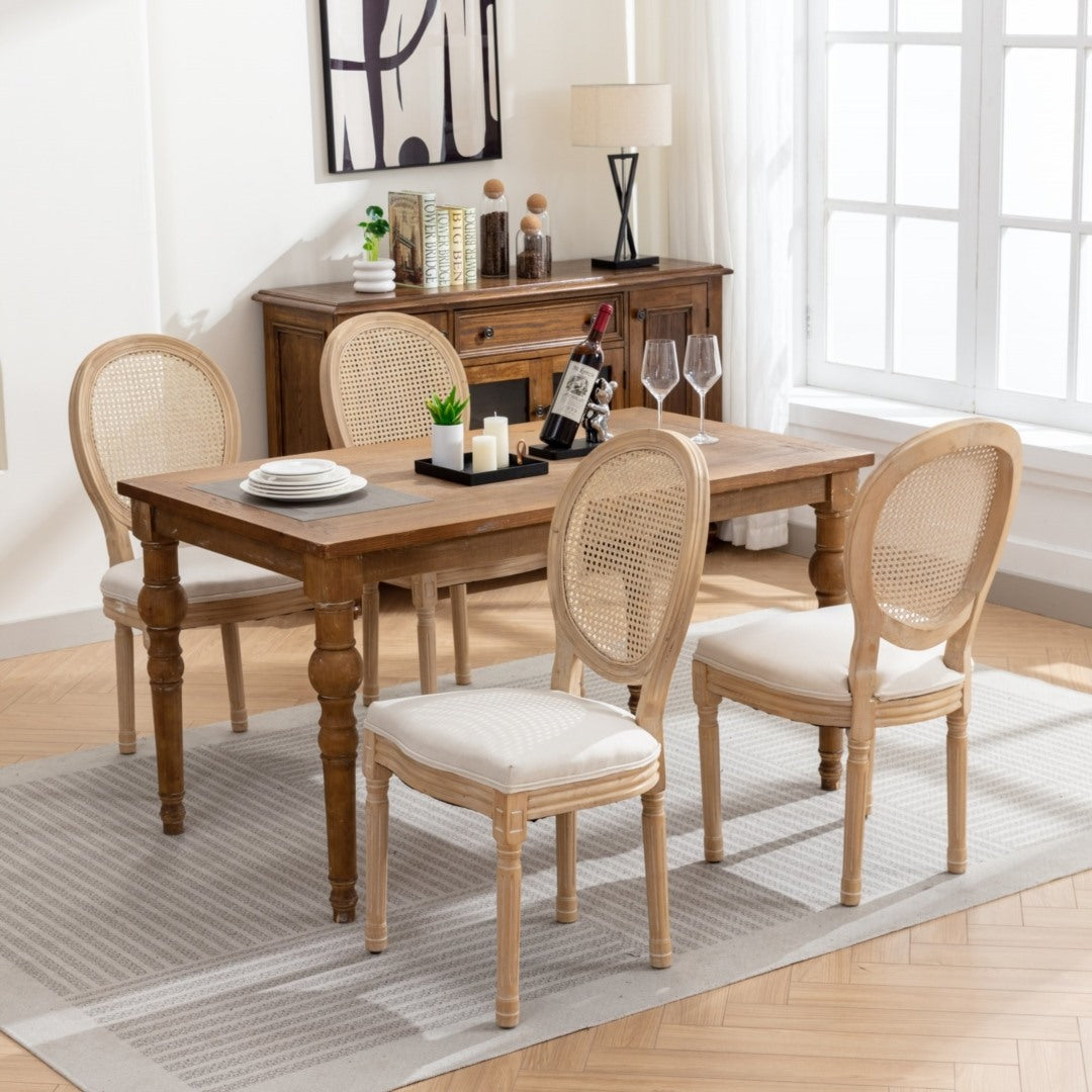 Chic 4x French Rattan Dining Chairs with Wood Legs