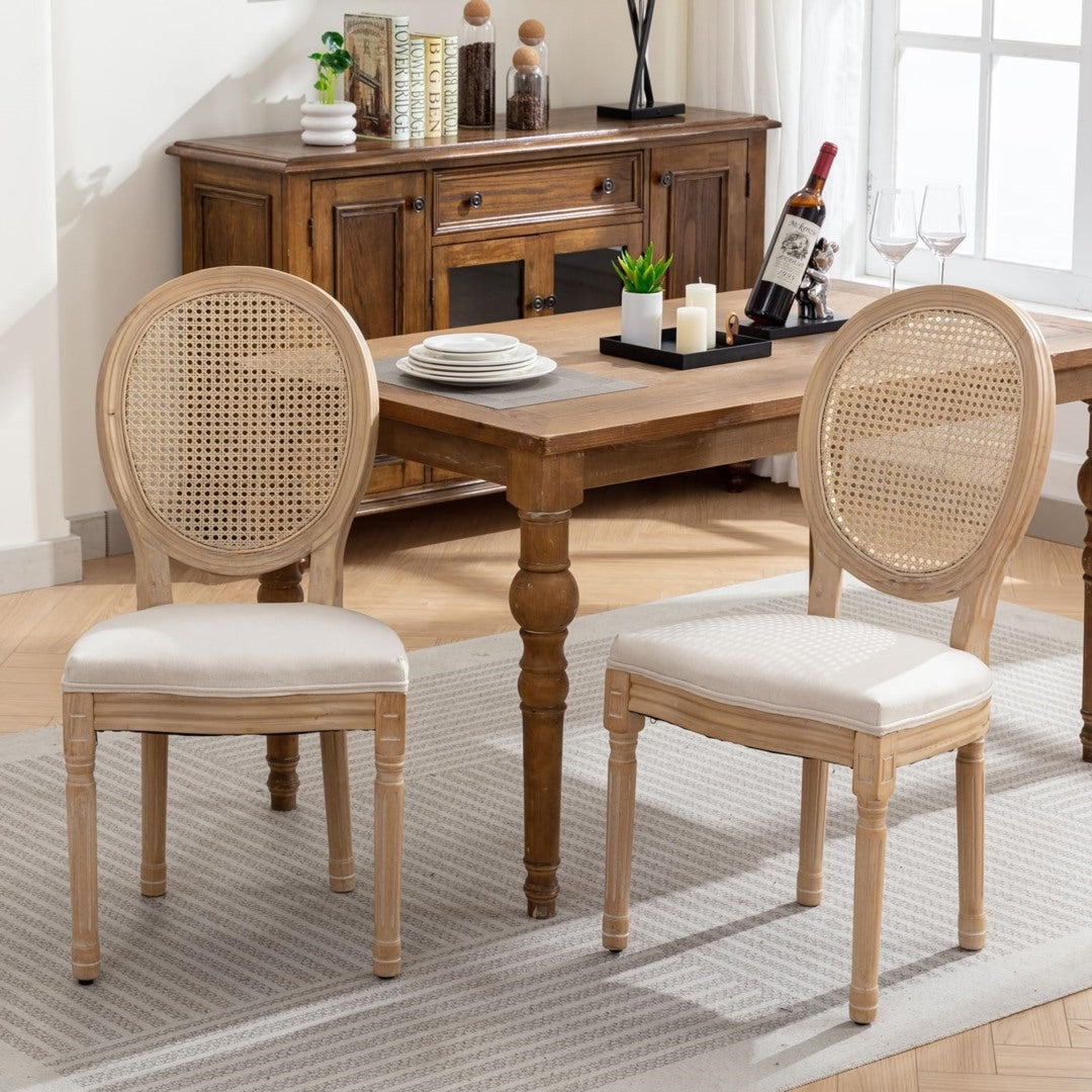 Chic 4x French Rattan Dining Chairs with Wood Legs