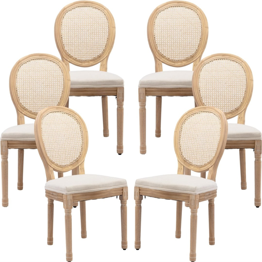 Upholstered French Rattan Dining Chairs, Solid Wood Legs, Set of 6