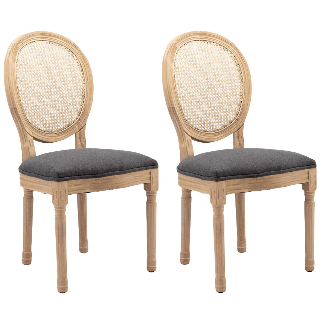 Chic French Rattan Dining Chairs, Upholstered, Solid Wood Legs, Grey