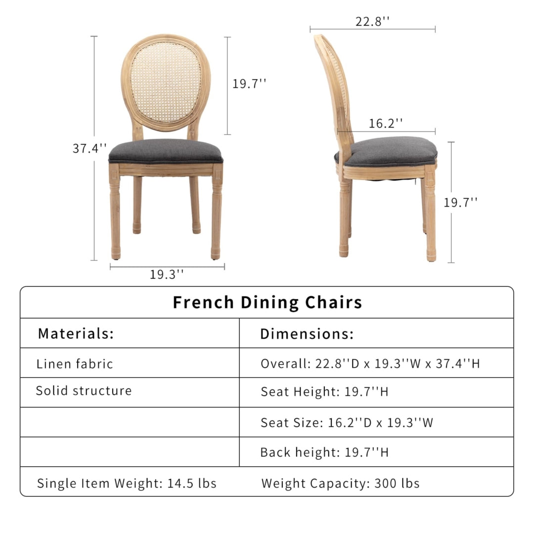 Chic French Rattan Dining Chairs, Upholstered, Solid Wood Legs, Grey