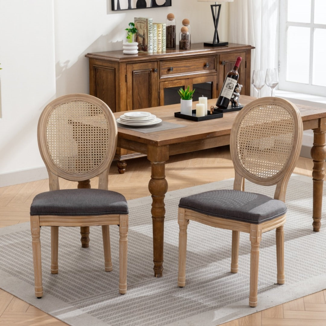 Chic French Rattan Dining Chairs, Upholstered, Solid Wood Legs, Grey