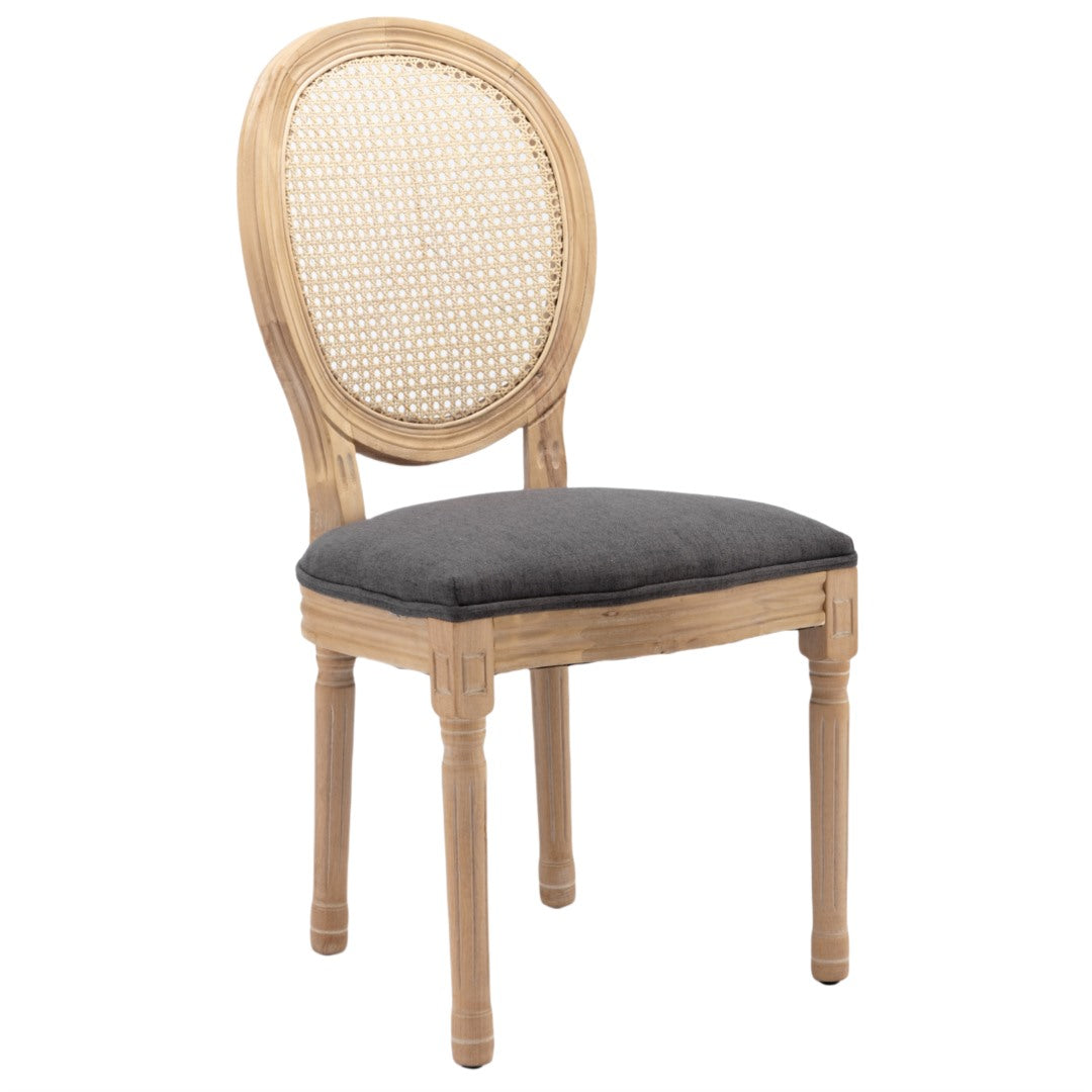 Chic French Rattan Dining Chairs, Upholstered, Solid Wood Legs, Grey