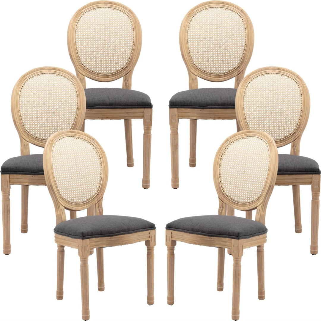 Vintage French Upholstered Rattan Dining Chairs Set of 6 - AADEN