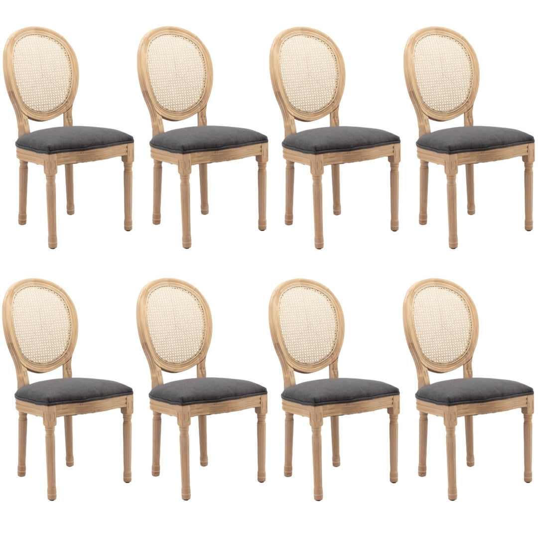 Grey Rattan & Wood Dining Chairs Set of 8, French Design