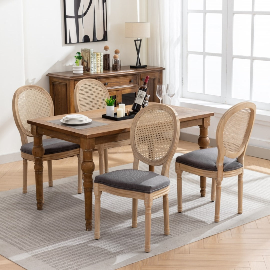 Grey Rattan & Wood Dining Chairs Set of 8, French Design