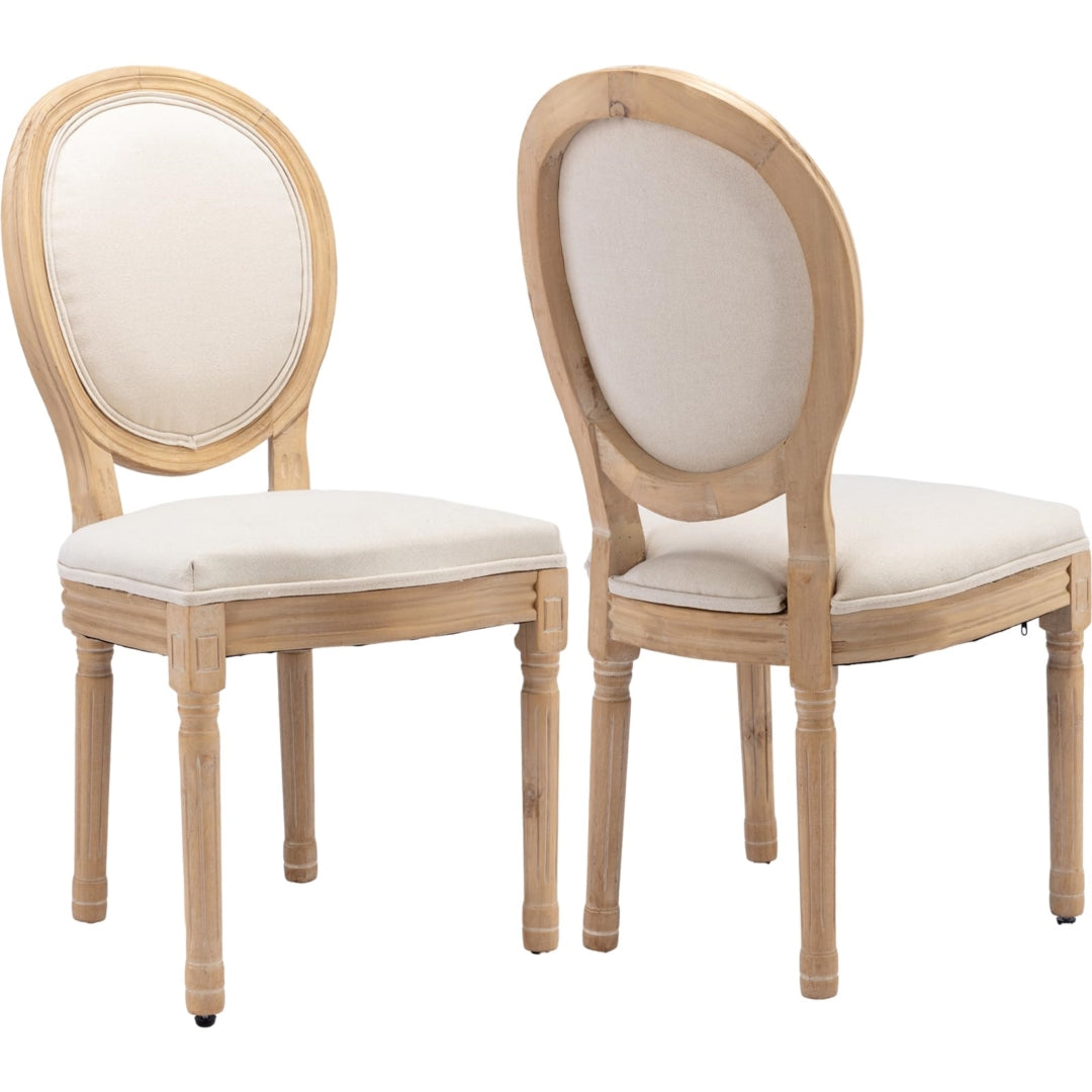 Set of 2 Beige Linen Dining Chairs with Carved Wood Legs