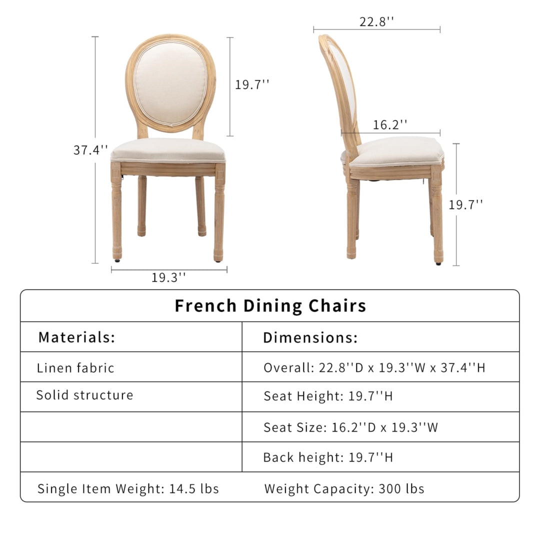 Set of 2 Beige Linen Dining Chairs with Carved Wood Legs