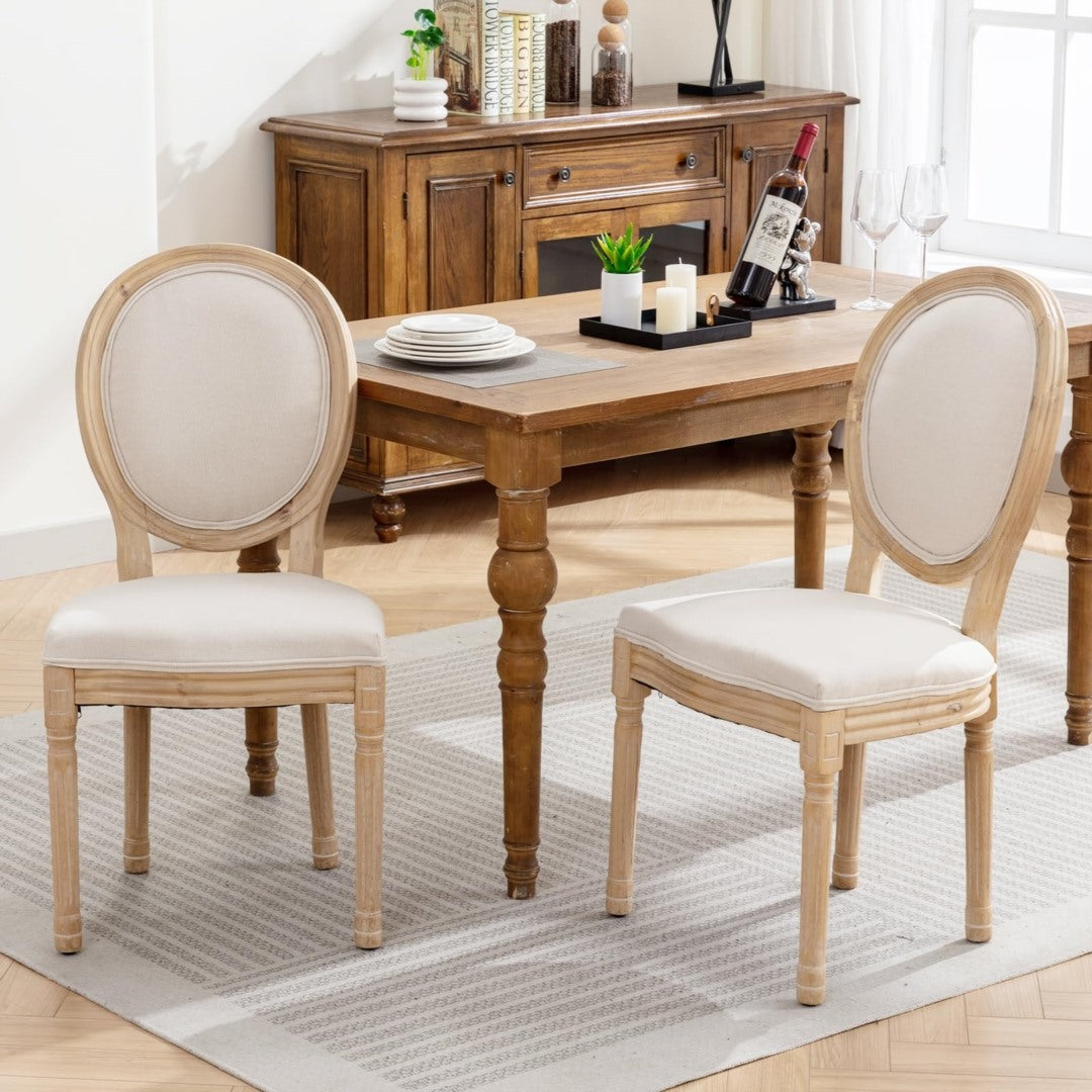 Set of 2 Beige Linen Dining Chairs with Carved Wood Legs