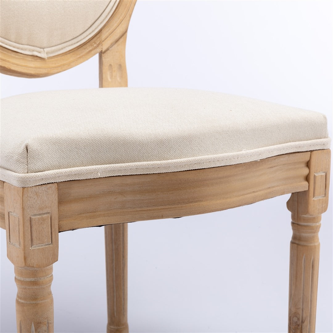 Set of 2 Beige Linen Dining Chairs with Carved Wood Legs