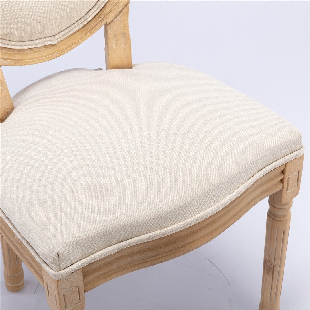 Set of 2 Beige Linen Dining Chairs with Carved Wood Legs