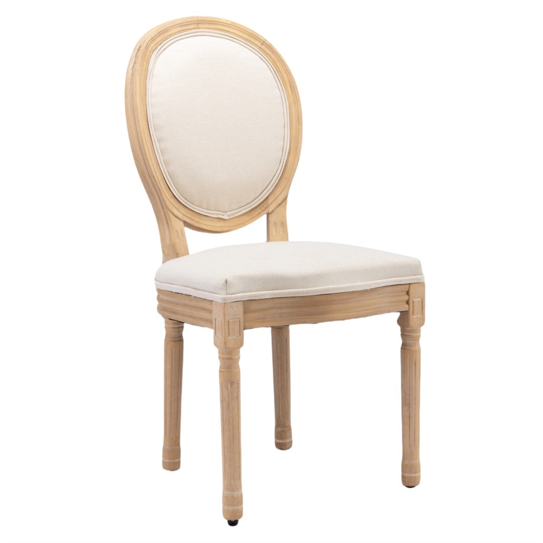 Set of 2 Beige Linen Dining Chairs with Carved Wood Legs