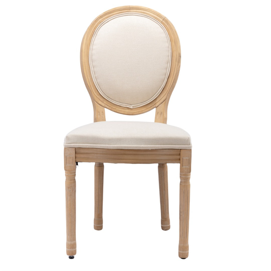 Set of 2 Beige Linen Dining Chairs with Carved Wood Legs