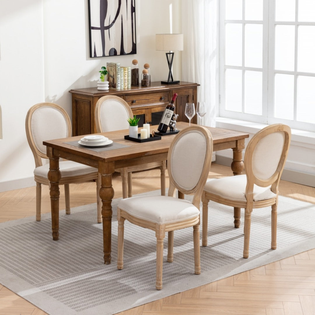 Set of 4 Beige Linen Dining Chairs with Solid Wood Legs