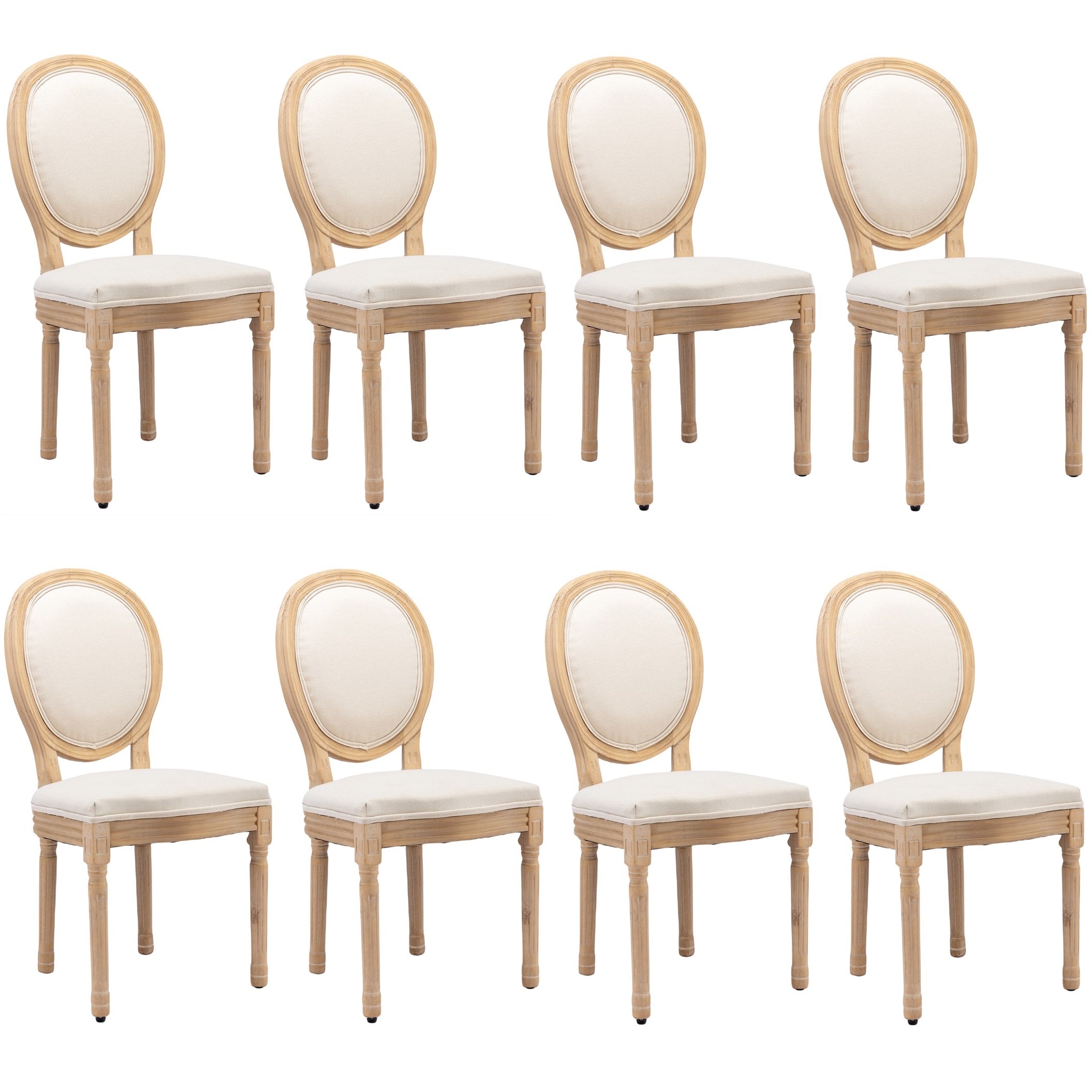 Beige Linen Upholstered Dining Chairs, Wood Legs, Set of 8