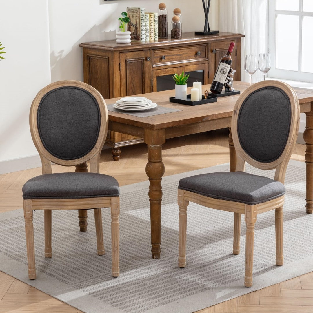 Set of 4 Grey Linen Dining Chairs with Solid Wood Legs