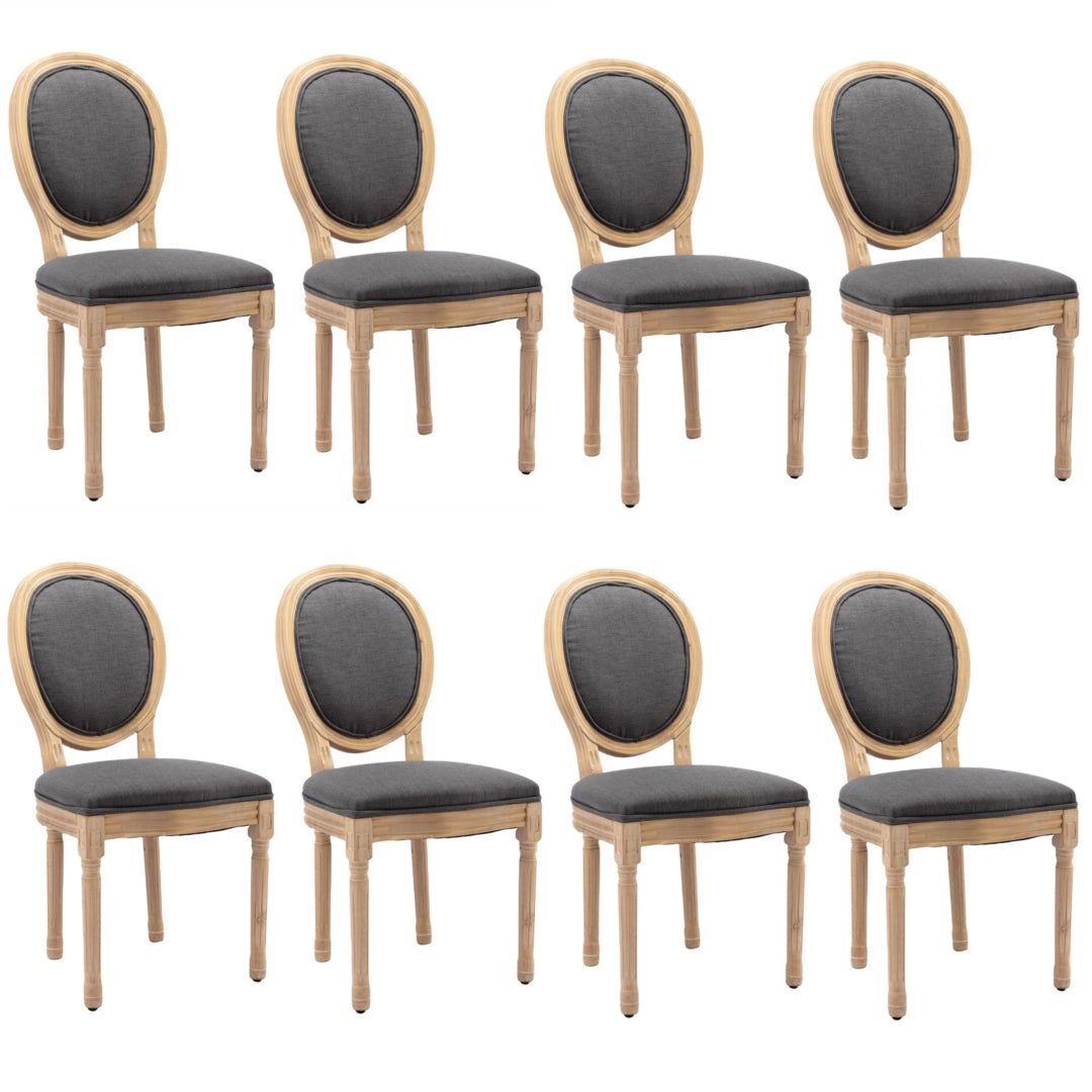 8x Grey Linen Dining Chairs w/ Solid Wood Legs, Round Back