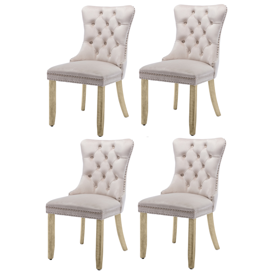 4x Velvet Upholstered Tufted Dining Chairs with Solid Wood Legs