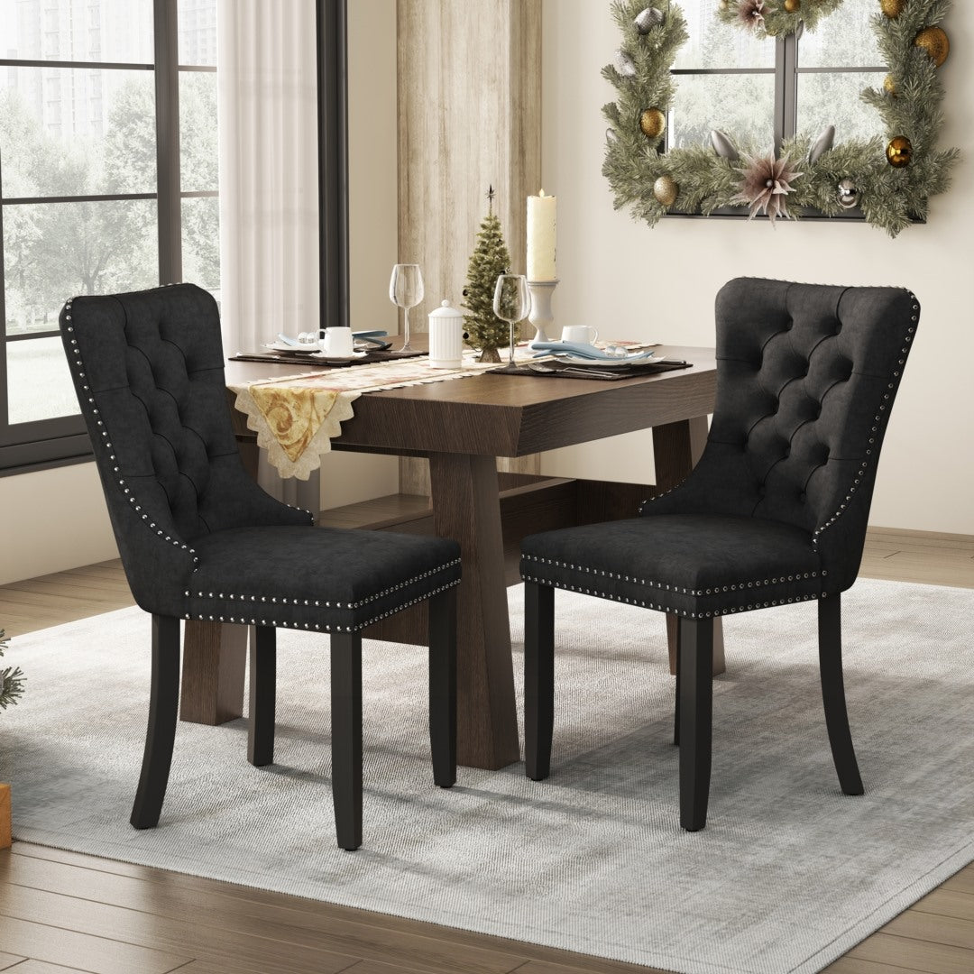 4x Velvet Dining Chairs Upholstered Tufted Kithcen Chair with Solid Wood Legs Stud Trim and Ring-Black