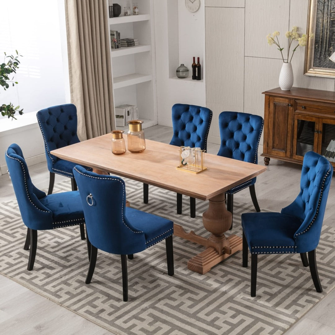 4x Velvet Tufted Dining Chairs with High Back & Wood Legs