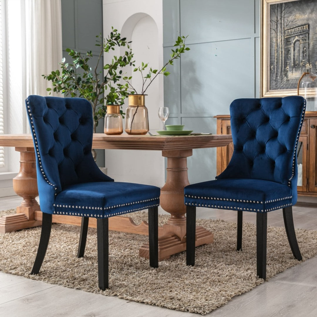 4x Velvet Tufted Dining Chairs with High Back & Wood Legs