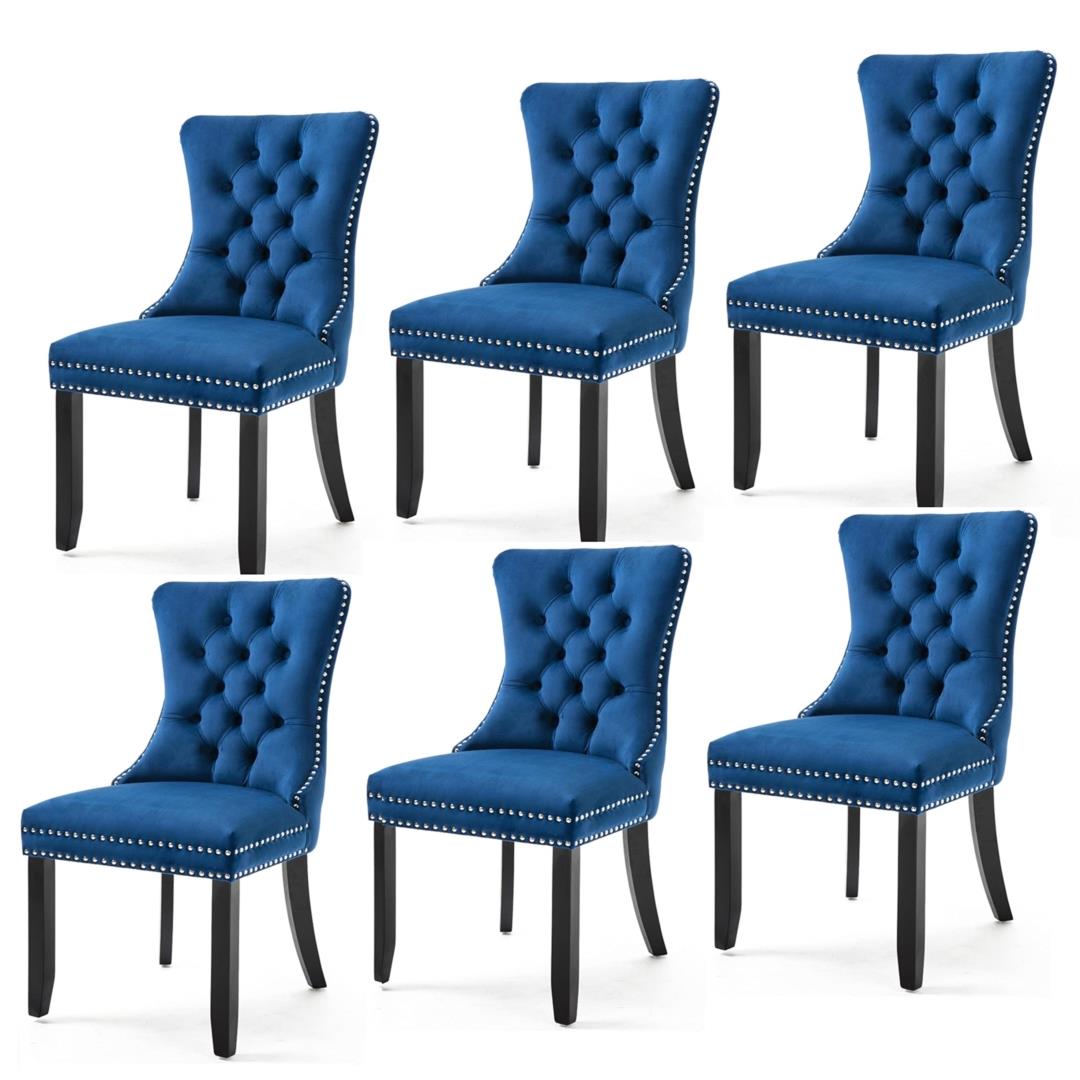 6x Velvet Upholstered Wingback Dining Chairs, Tufted, Solid Wood Legs