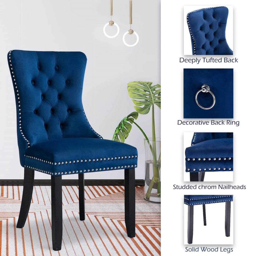 6x Velvet Upholstered Wingback Dining Chairs, Tufted, Solid Wood Legs