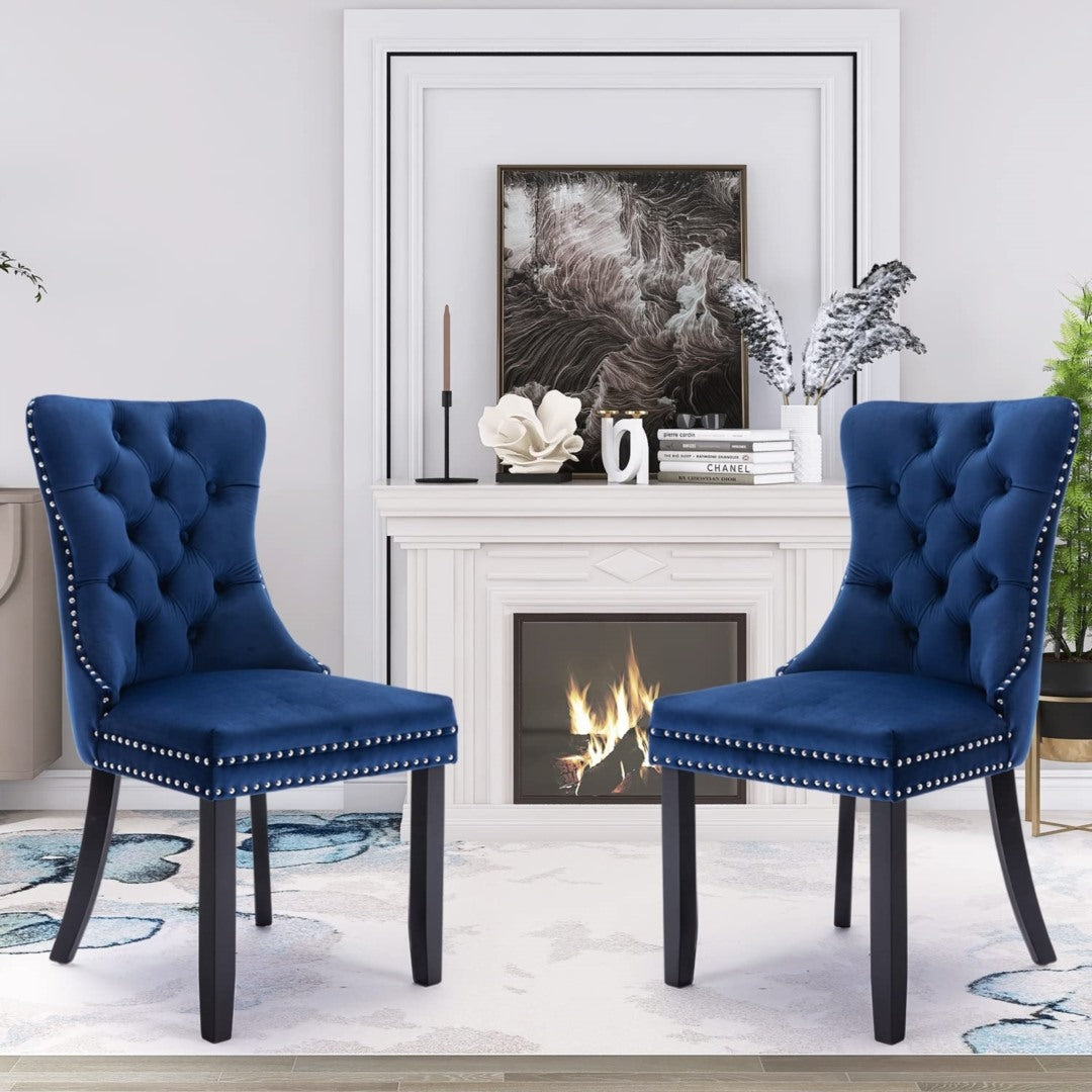 6x Velvet Upholstered Wingback Dining Chairs, Tufted, Solid Wood Legs