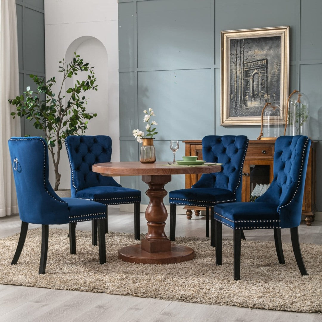 6x Velvet Upholstered Wingback Dining Chairs, Tufted, Solid Wood Legs