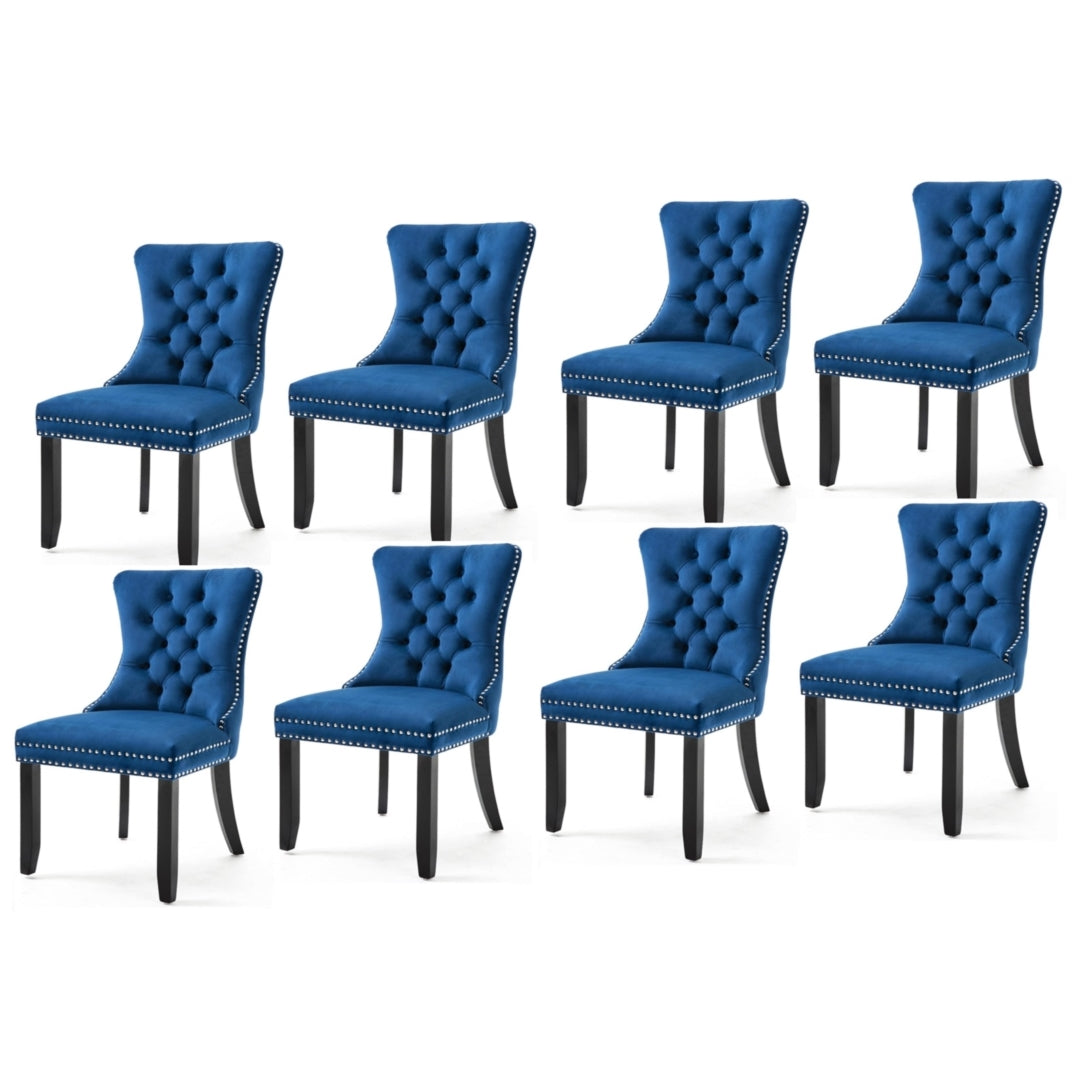 8x Velvet Tufted Dining Chairs, High Back, Solid Wood Legs