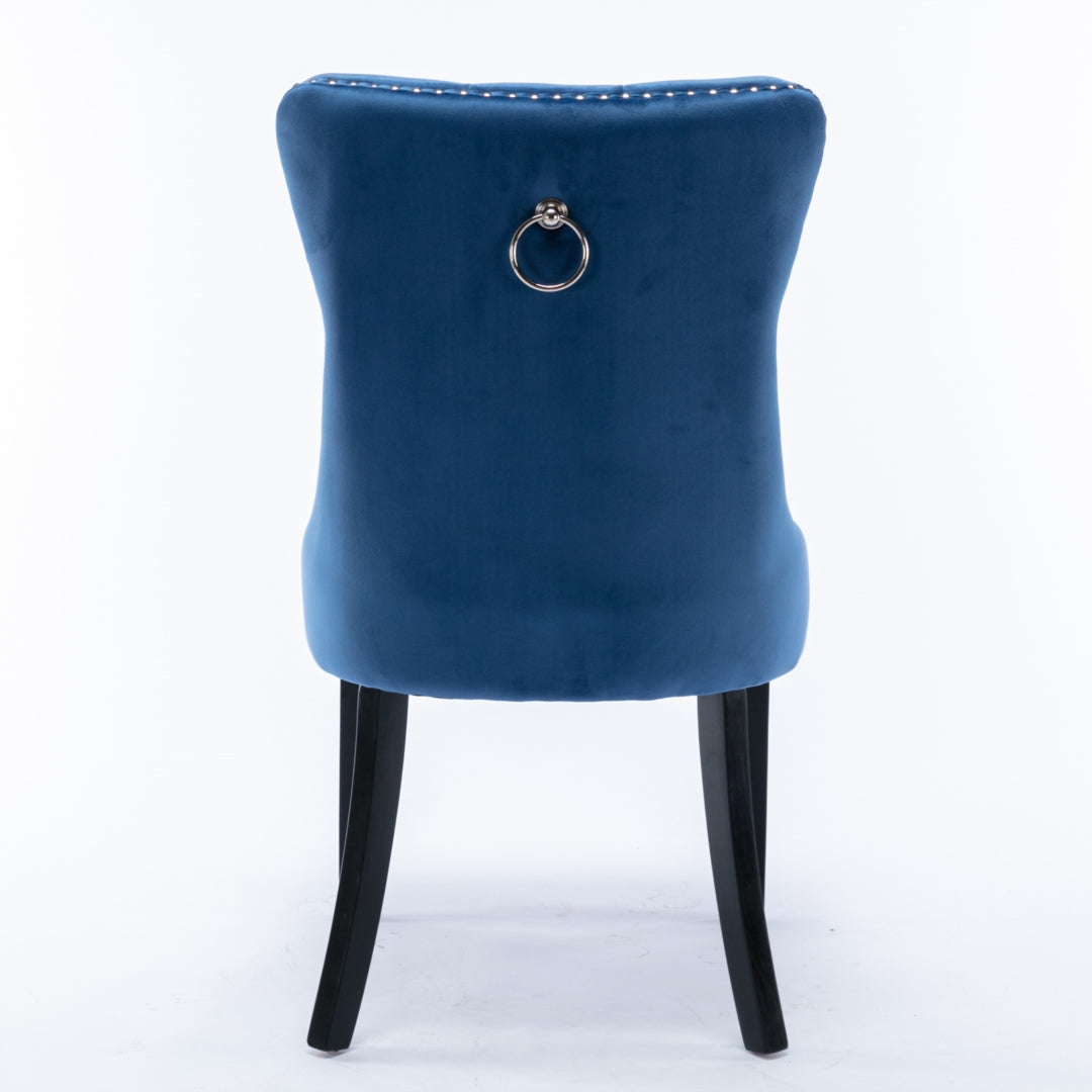 2x Blue Velvet Tufted Dining Chairs with Wood Legs and Stud Trim