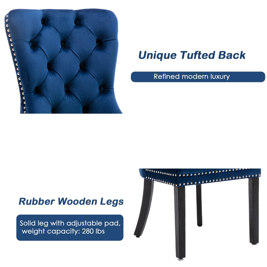 2x Blue Velvet Tufted Dining Chairs with Wood Legs and Stud Trim