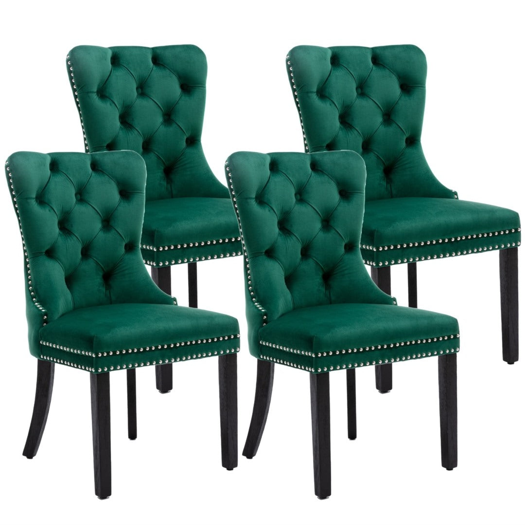 Green Velvet Dining Chairs Set of 4, High Back, Wood Legs