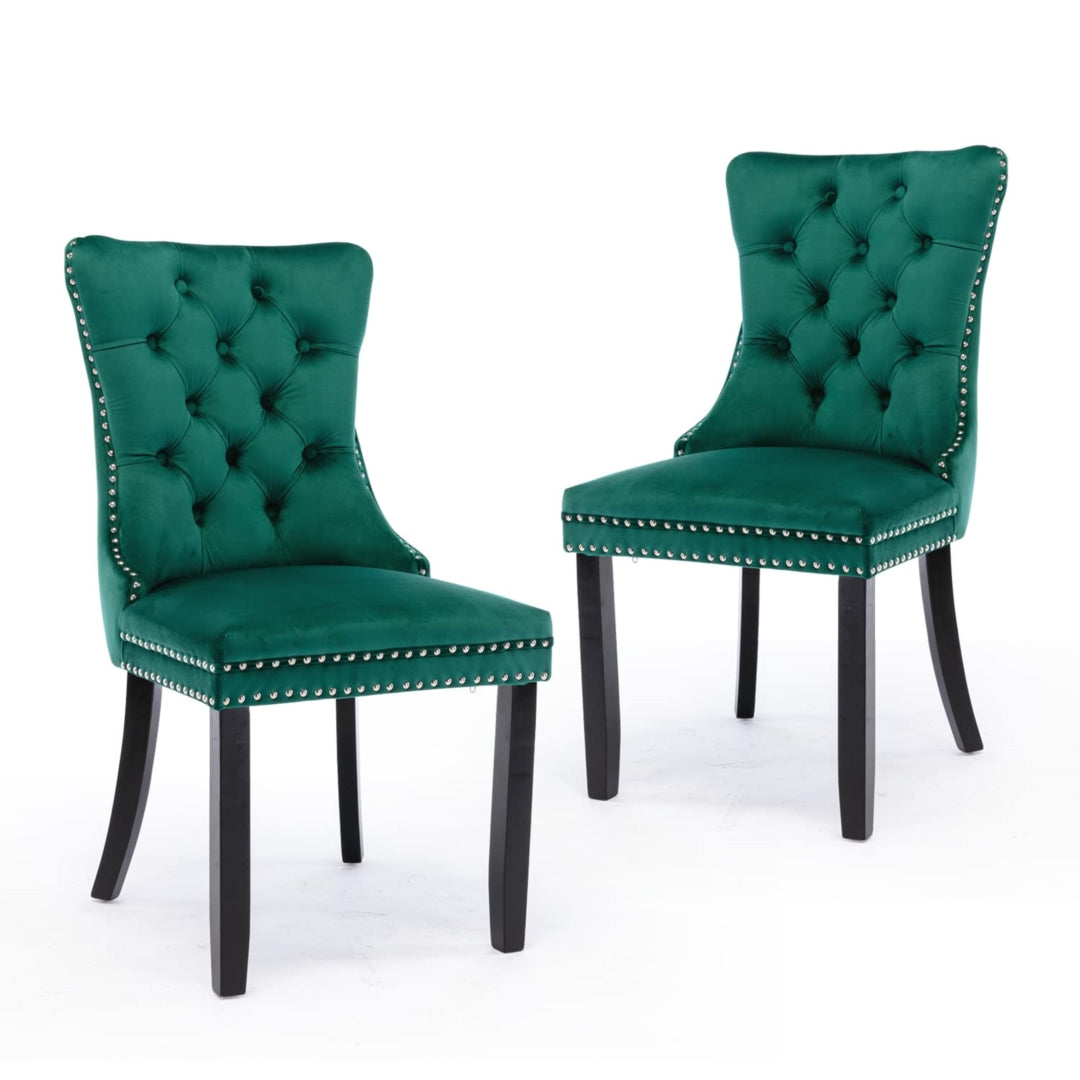 Green Velvet Dining Chairs Set of 4, High Back, Wood Legs