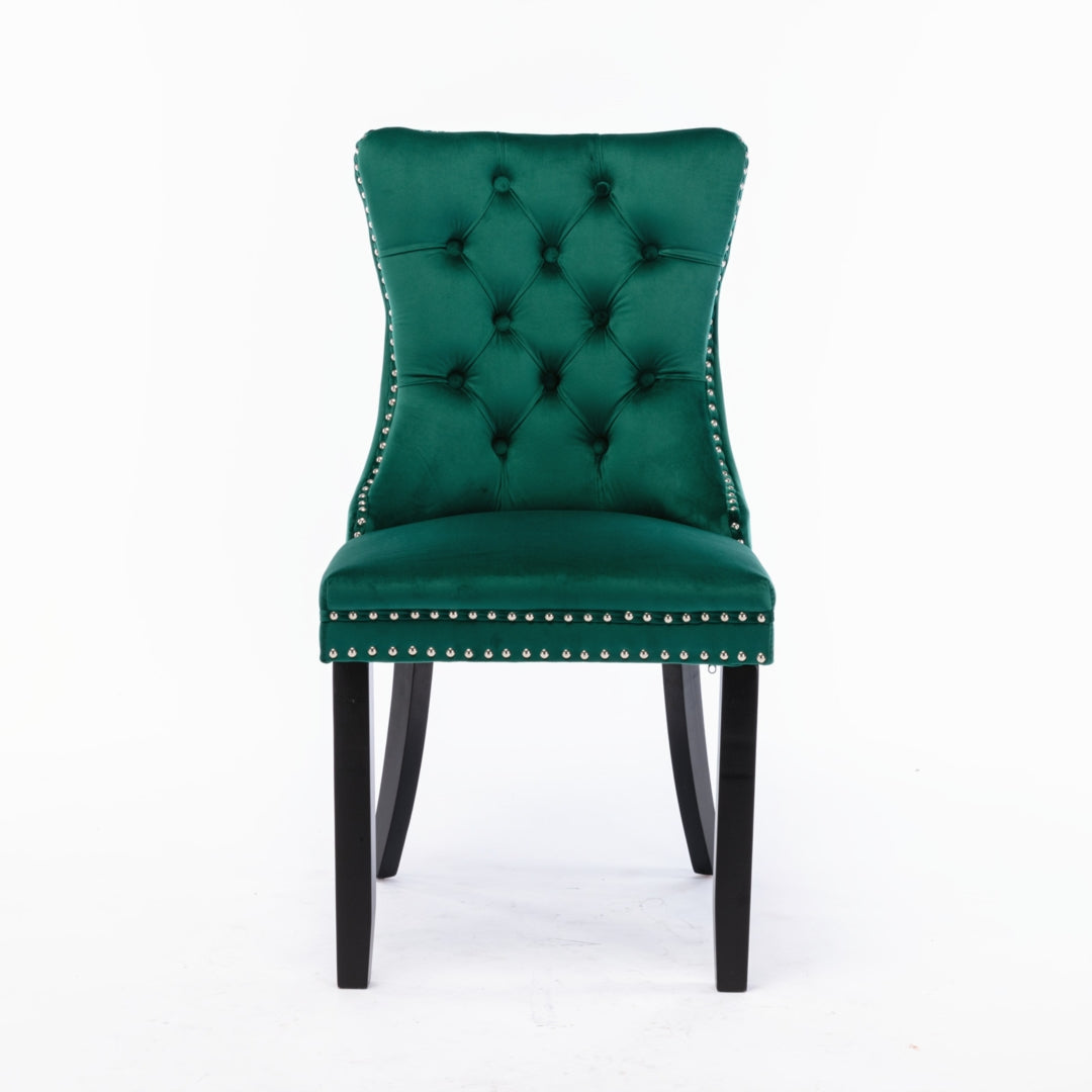 Green Velvet Dining Chairs Set of 4, High Back, Wood Legs