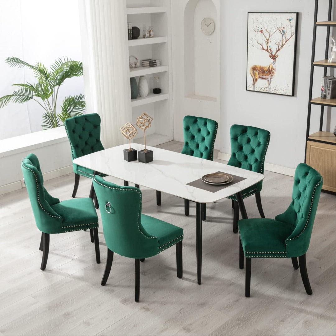 Green Velvet Dining Chairs Set of 4, High Back, Wood Legs