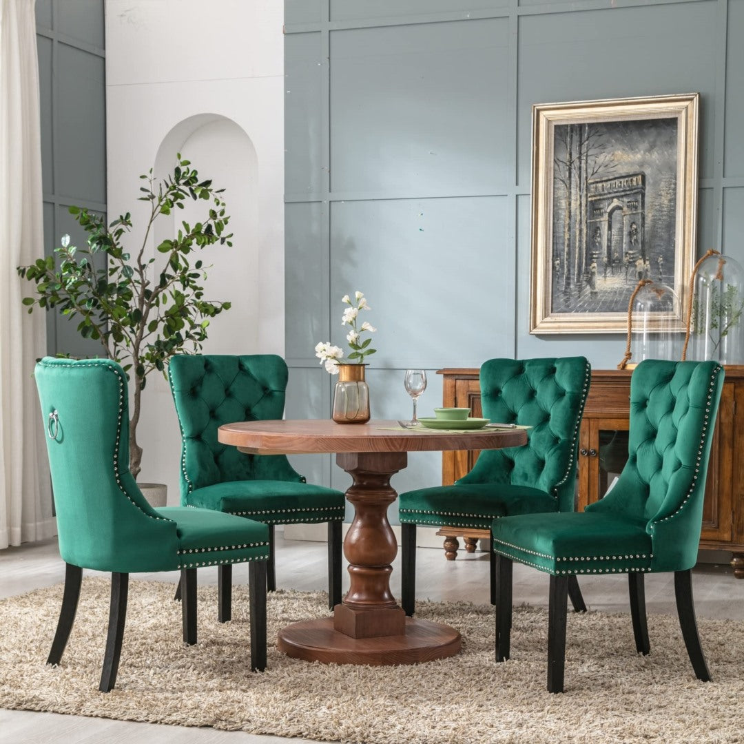 Green Velvet Dining Chairs Set of 4, High Back, Wood Legs