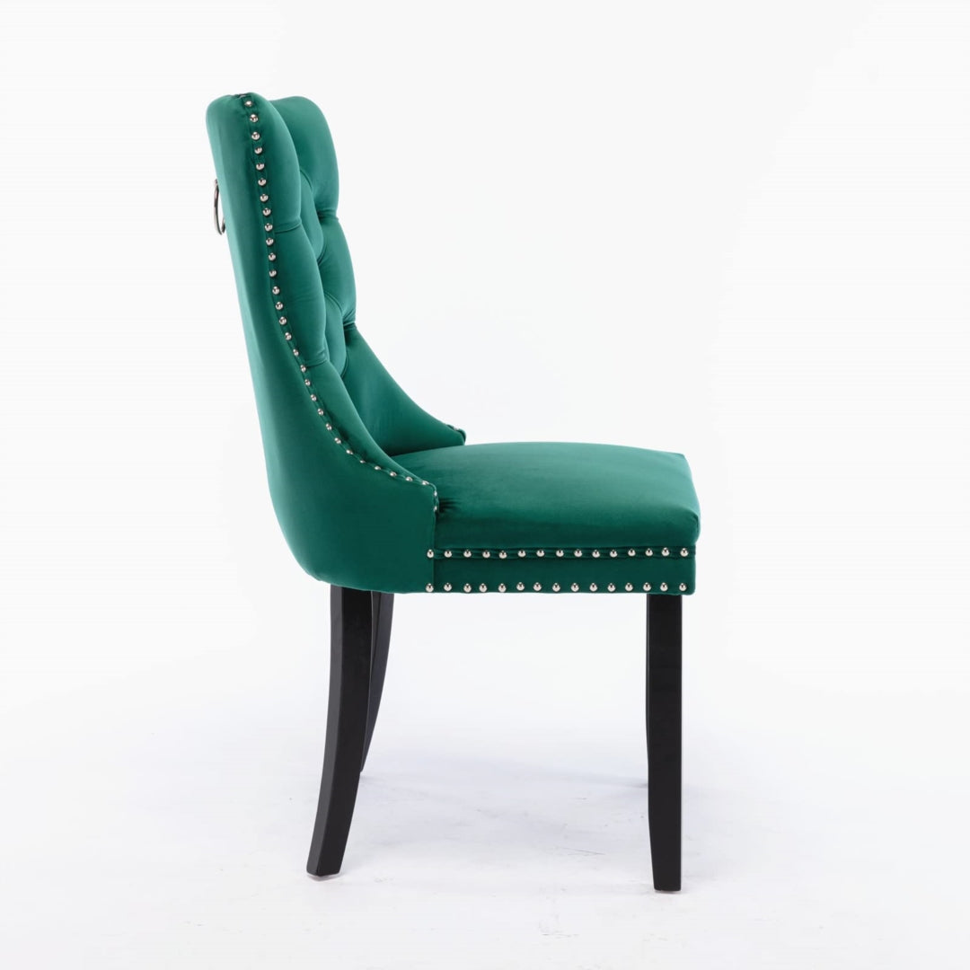 6x Green Velvet Dining Chairs, High Back, Wood Legs