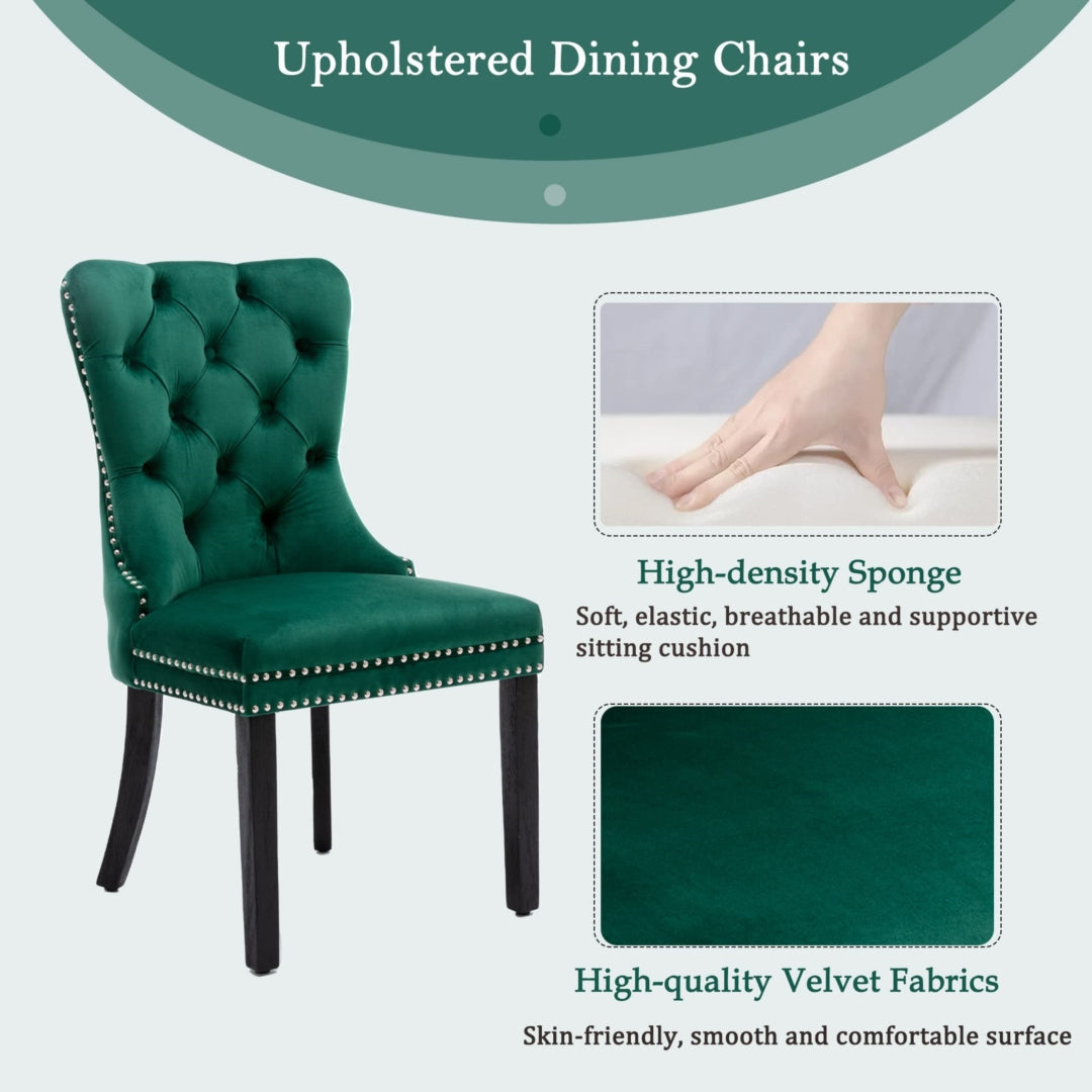 6x Green Velvet Dining Chairs, High Back, Wood Legs