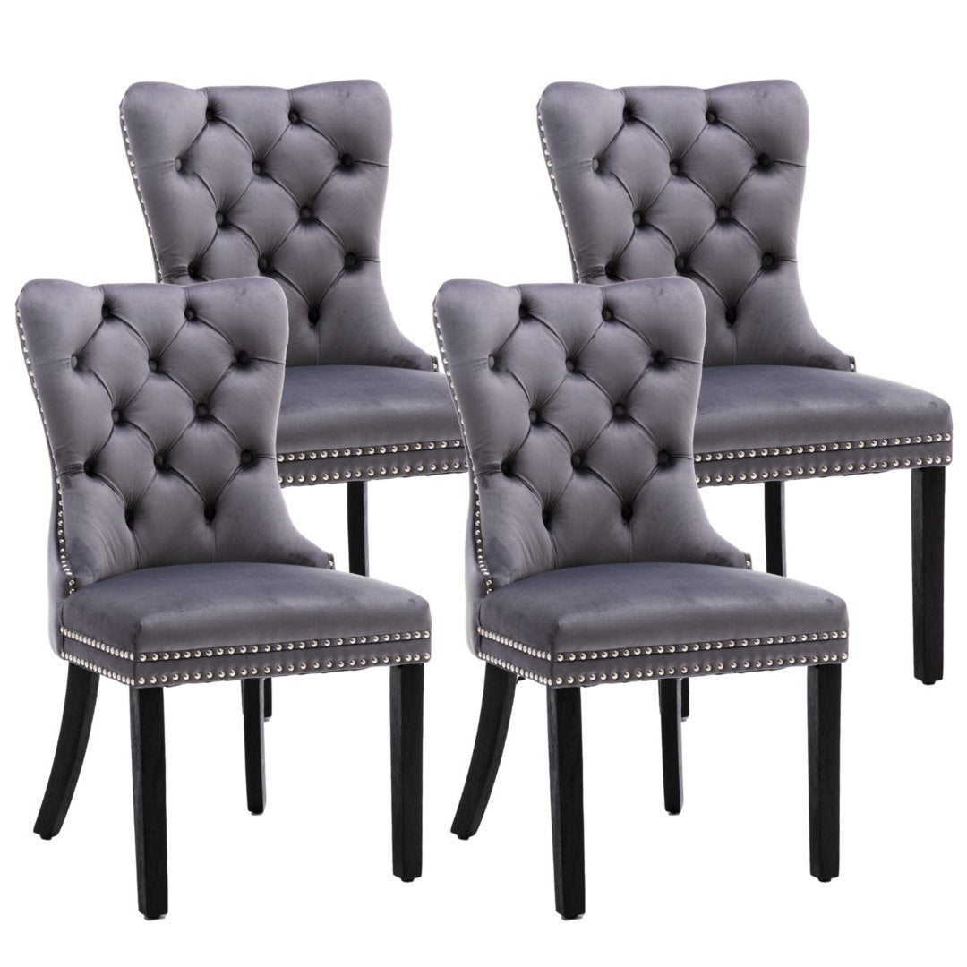 4x Velvet Tufted Dining Chairs with Wood Legs & Stud Trim